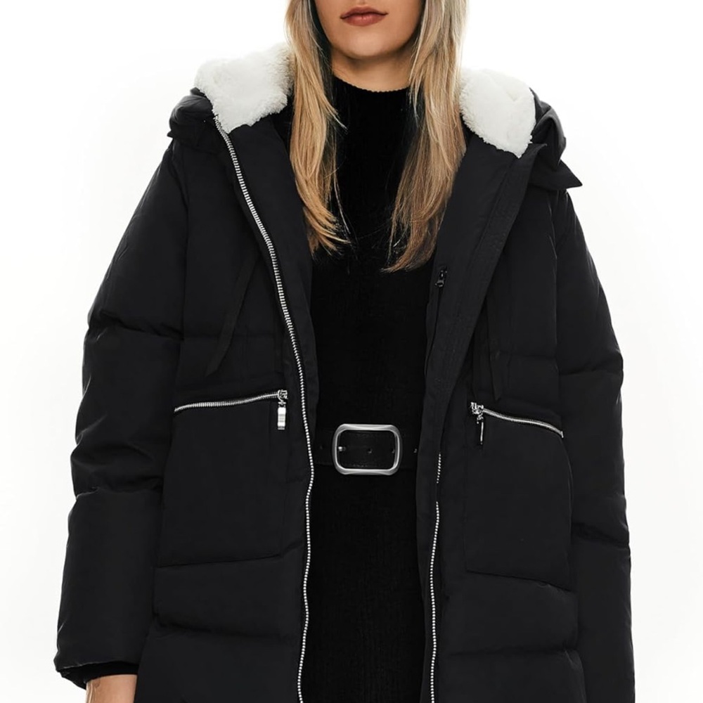 Women's Black Puffer Jacket with White Accents